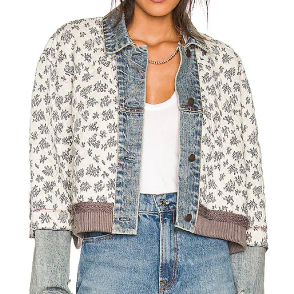 Free People Blue and White Floral Jean Jacket